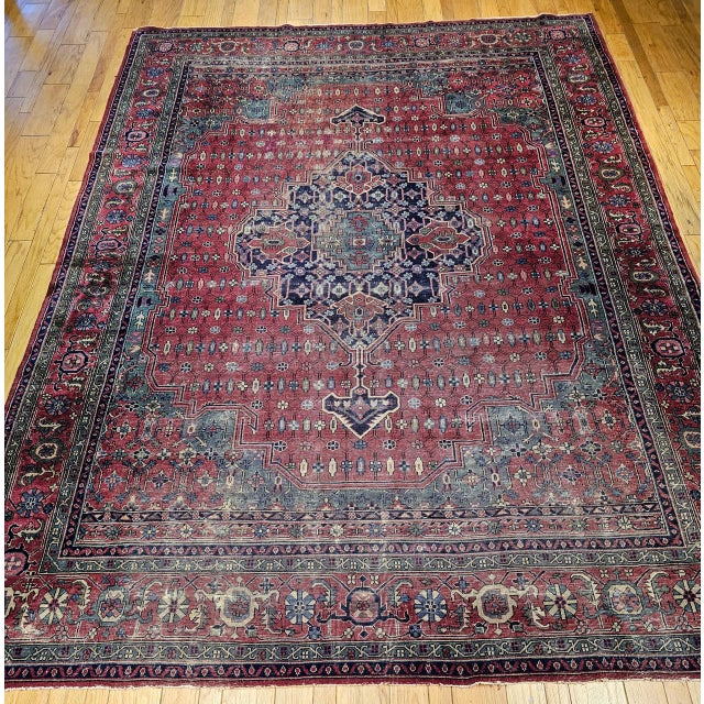 Red Vintage Turkish Heriz Rug, Hand-Knotted Wool, Geometric Medallion Design, Red & Green, 12x14 For Sale - Image 8 of 16