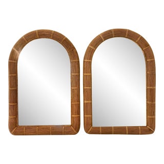 Pair of Vintage Split Reed and Rattan Arched Wall Mirrors For Sale