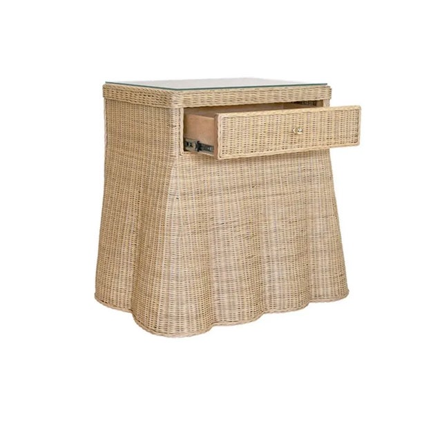 New item. Lovely rattan accent table with drawer and glass top. Gorgeous quality and detail.