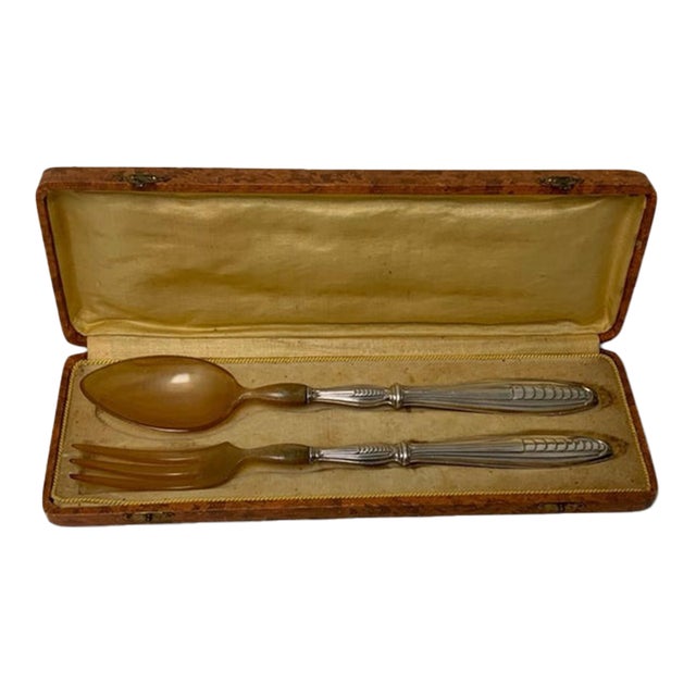 Antique French Bazin & Cie Paris .950 Silver Salad Serving Spoon & Fork Set - 3 pcs For Sale