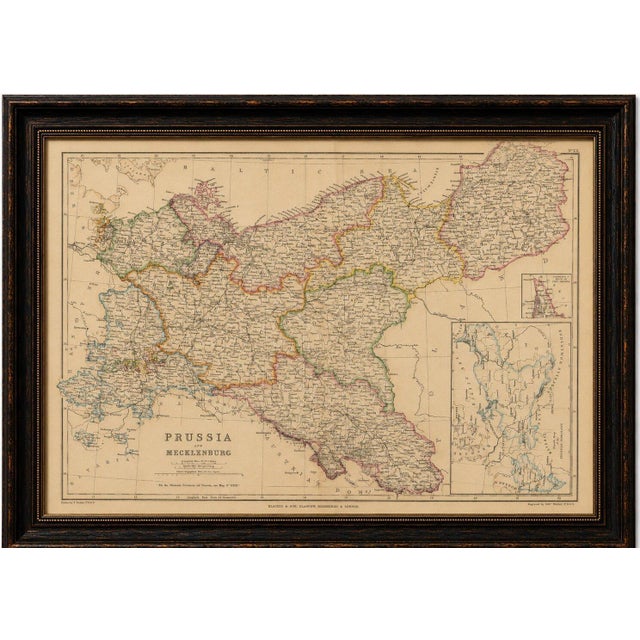 This finely engraved original antique map depicts the Kingdom of Prussia and the Grand Duchy of Mecklenburg during the...