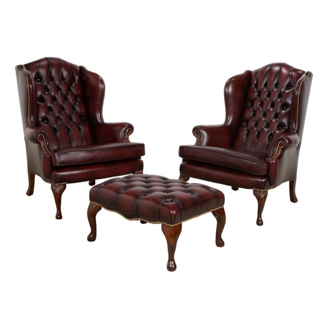Leather and Wood Chesterfield Armchairs and Ottoman, Set of 2 For Sale