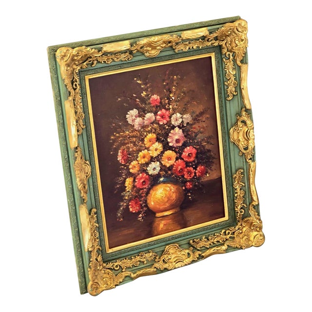 French Rococo Floral Still Life Wall Art With Hand-Gilded Gold Leaf Frame in Sage Green Finish For Sale