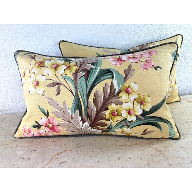Yellow Vibrant Early 20th Century Floral Broad Cloth Pillows/Pair. For Sale - Image 8 of 10