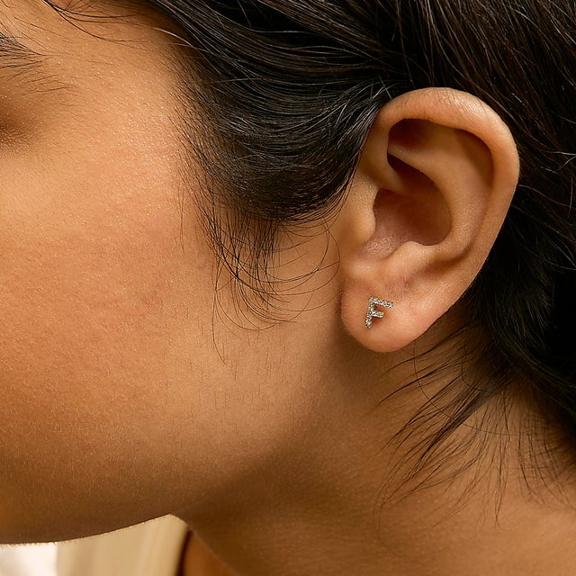 Haus of Brilliance 10K Yellow Gold 1/10 Cttw Diamond 'F' Initial Stud Earring For Sale - Image 4 of 5
