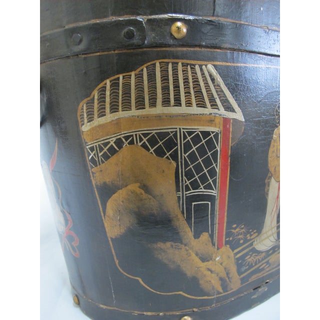 19th Century Antique Chinoiserie Chinese Hand Painted Lacquer Wood Rice Bin Box With Lid For Sale - Image 5 of 14