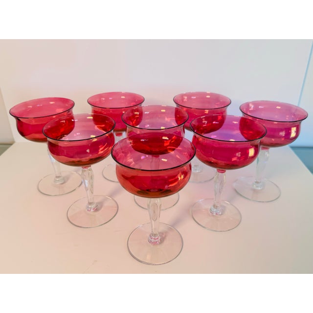 Mid-Century Modern Vintage 1960s Cranberry Iridescent Glass Coupe Stems, Set of 8 For Sale - Image 3 of 7
