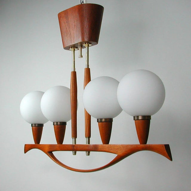 Mid-Century Swedish Modern Teak and Satin Glass Chandelier, 1960s For Sale - Image 12 of 18
