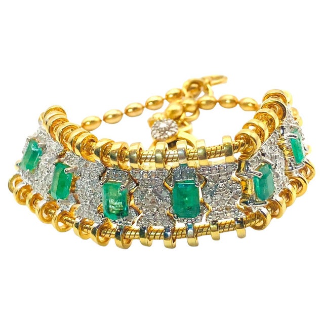 Bochic "Vintage Retro" Diamonds & Emeralds Bracelet Set In 18K Gold & Silver For Sale - Image 15 of 18