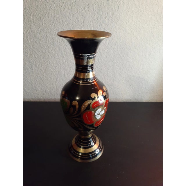 1980s Handpainted & Enameled Brass Vase For Sale - Image 4 of 7