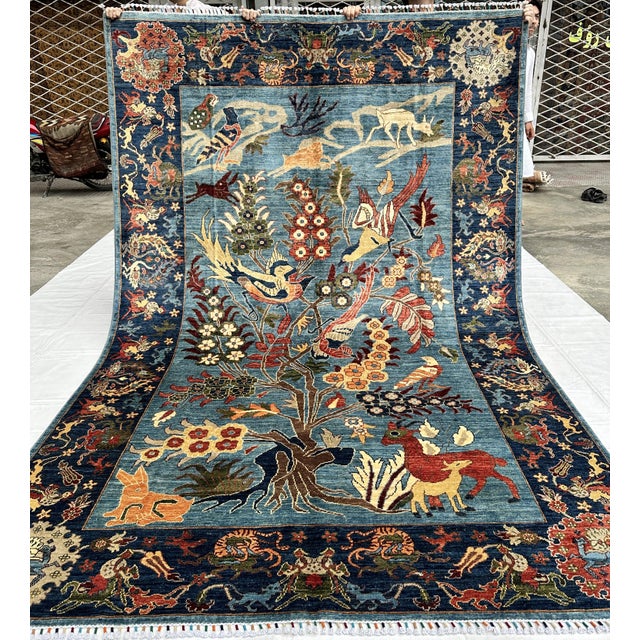 2000 - 2009 Blue Afghan Pictorial Tree of Life Hand-Knotted Wool Rug - 9'9" X 6'7" For Sale - Image 5 of 17