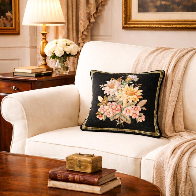 Add a touch of timeless charm to your space with this vintage needlepoint embroidery throw pillow. Featuring a vibrant,...