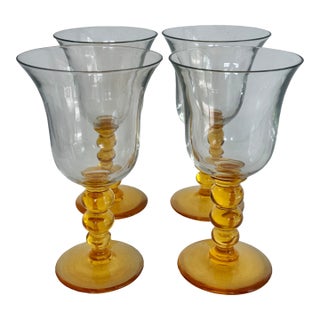 Vintage Amber Yellow Stemmed Wine or Water Goblets, Set of 4 For Sale