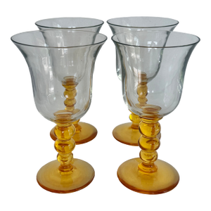 Vintage Amber Yellow Stemmed Wine or Water Goblets, Set of 4