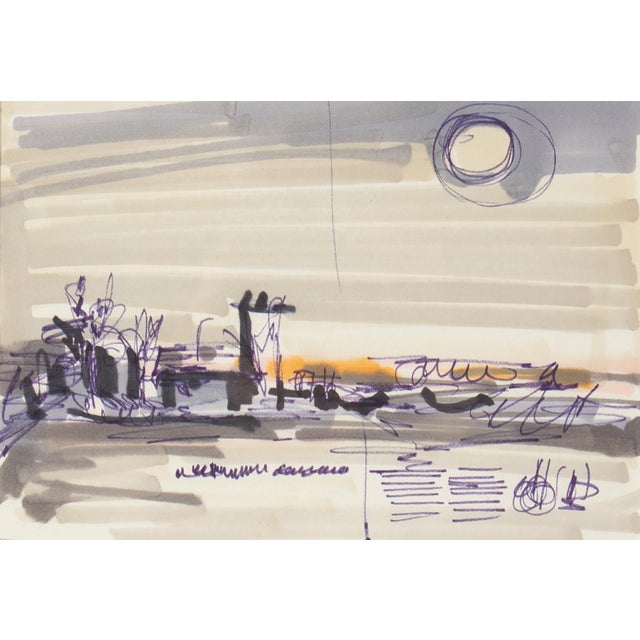 A marker drawing by the American artist James L. Bruch (1942-2023). This abstract work depicts a sparse landscape with the...