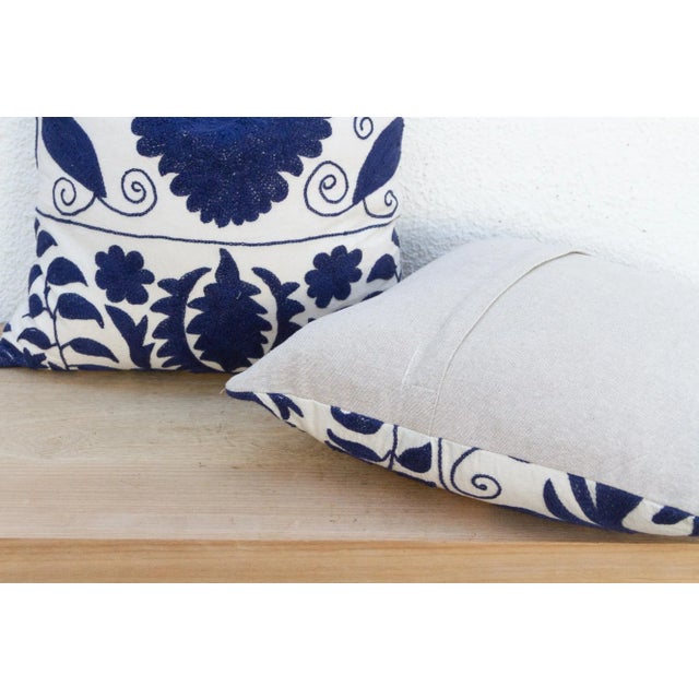 Textile Pair of Indigo Blue Hand Embroidered Suzani Pillows For Sale - Image 7 of 8