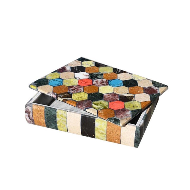 Polychrome Semi-Precious Stone Hexagonal Inlaid Box, 20th Century For Sale - Image 13 of 14