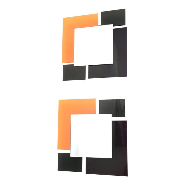 Postmodern Black and Orange Wall Mirrors attributed to Ettore Sottsass, 1980s, Set of 2 For Sale