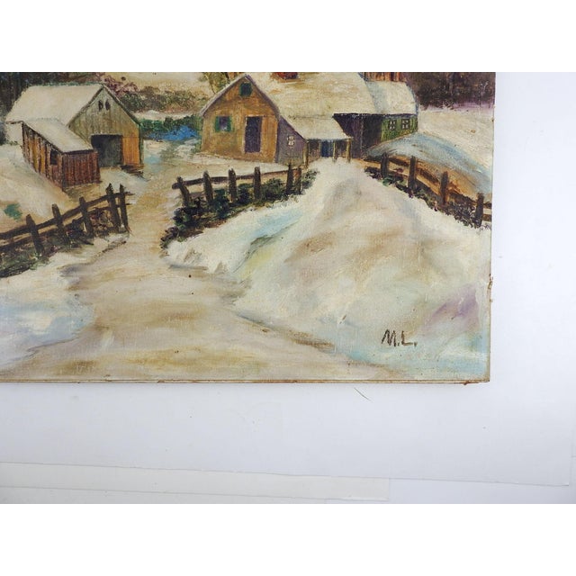 Early 20th century oil on canvas board folk art painting of a farm in a snowy winter landscape. Signed ML lower right...