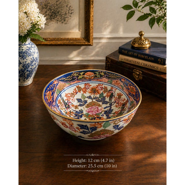 A striking antique Japanese Imari porcelain bowl of generous proportions beautifully hand painted in the traditional Imari...