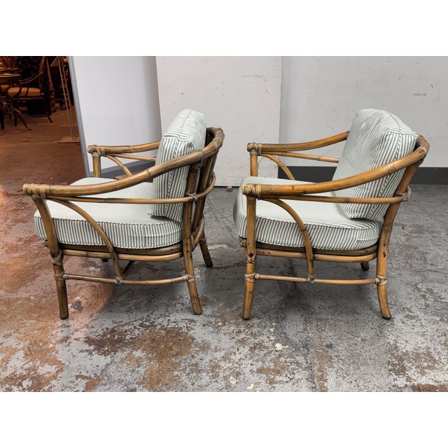 John and Elinor McGuire McGuire Furniture Bamboo Barrel Club Chairs, Pair Circa 1970's For Sale - Image 4 of 12