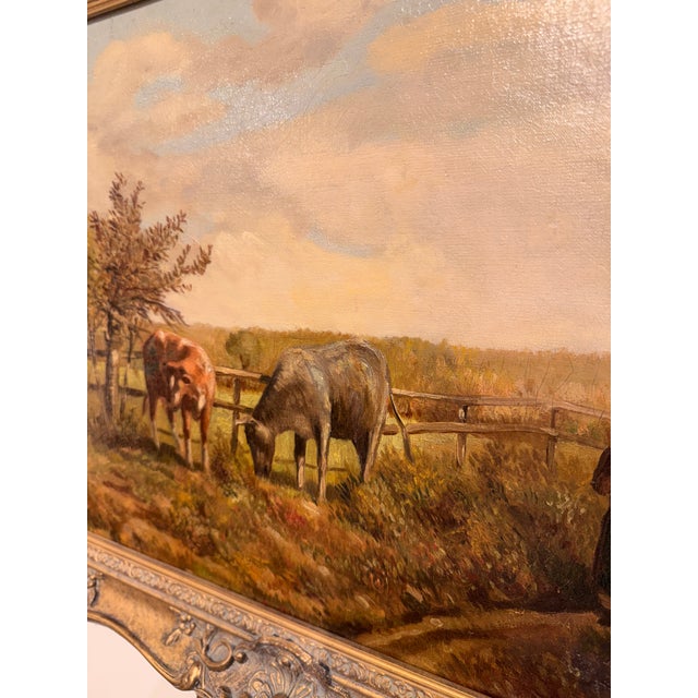 Wood 19th Century Oil on Canvas "Grazing Cattle" For Sale - Image 7 of 9