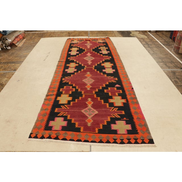 Traditional Handwoven Antique Persian Kilim Rug in Wine Black and Orange Geometric Pattern For Sale - Image 3 of 7