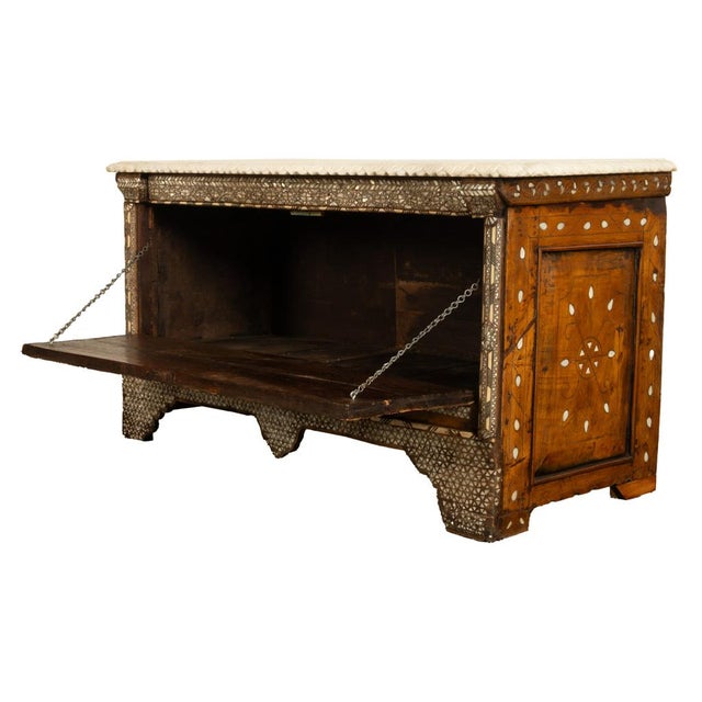 Antique Arabic Walnut Inlaid Mother-of-Pearl Dowry Marriage Chest Damascus 1860 For Sale In Portland, OR - Image 6 of 17