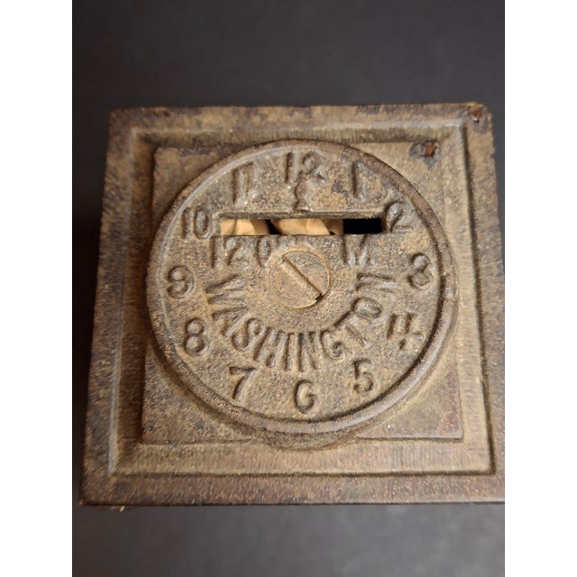 Antique Arcade Cast Iron World Times Clock Still Bank Original Paper Insert C. 1910 For Sale - Image 10 of 15