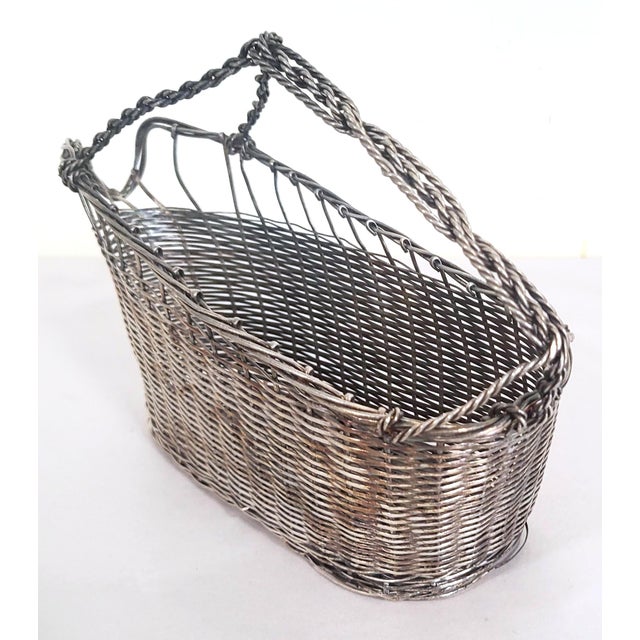 Metal Vintage French Modern Woven Silver Plated Handled Wine Cradle Basket For Sale - Image 7 of 10