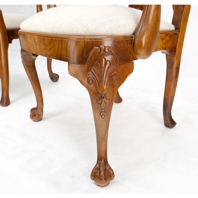 Pair of Carved Burl Wood New Oatmeal Linen Upholstery Armchairs Mint! For Sale - Image 12 of 16