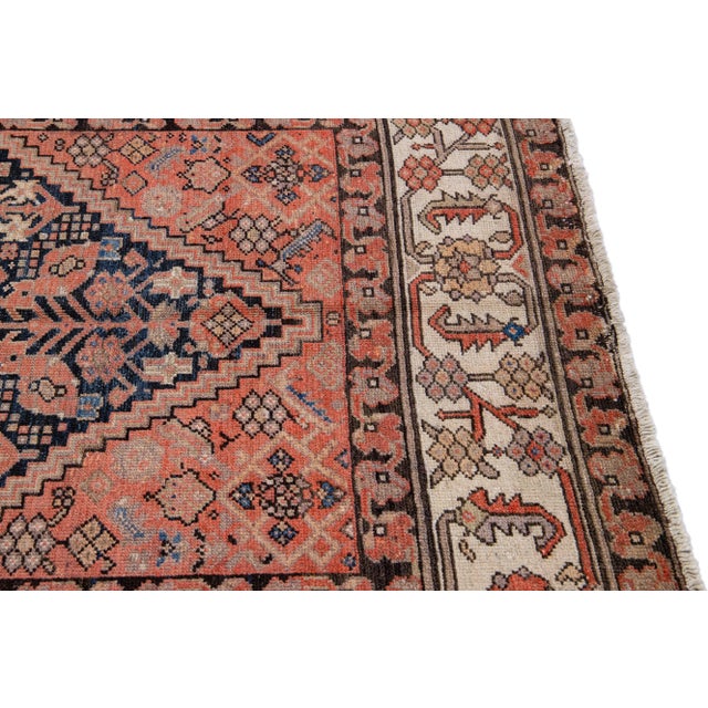Antique Malayer Handmade Allover Motif Blue and Rust Wool Runner For Sale In New York - Image 6 of 9