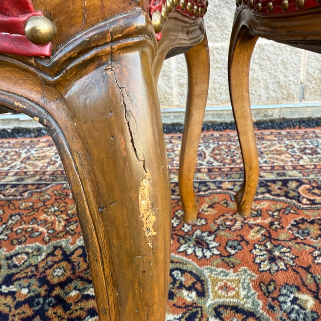 Mid 20th Century Tacked Red Vinyl & Fruitwood French Louis XV Fauteuil Dining Chairs - Set of 3 For Sale - Image 14 of 17
