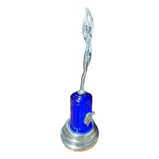1980s Art Deco Style Chrome & Cobalt Nude Figural Lamp W/ Light-Up Cobalt Glass Base For Sale
