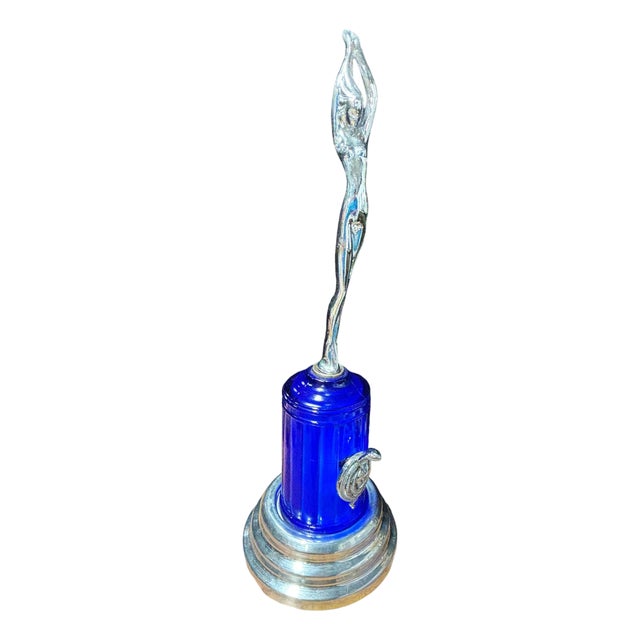 1980s Art Deco Style Chrome & Cobalt Nude Figural Lamp W/ Light-Up Cobalt Glass Base For Sale