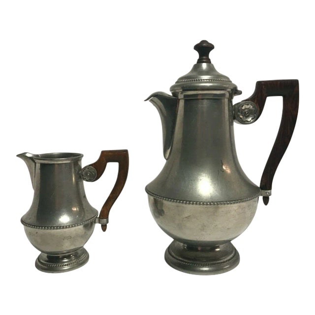 Antique Art Deco Pewter "Les étains L’île De France" Malta Coffee Pot & Creamer Set- 2 Pieces For Sale