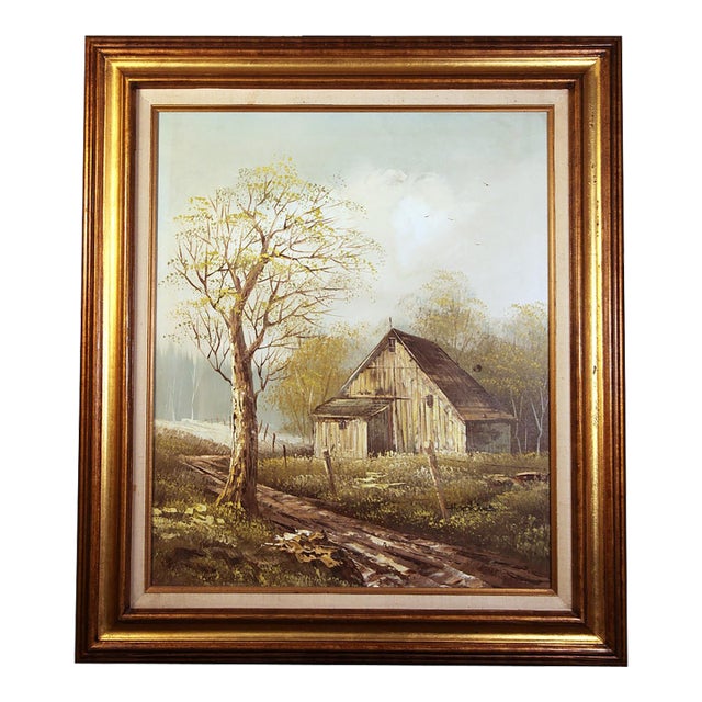 Vintage Original Oil Painting Rustic Barn Landscape, Signed Hopkins, Gilt Frame For Sale