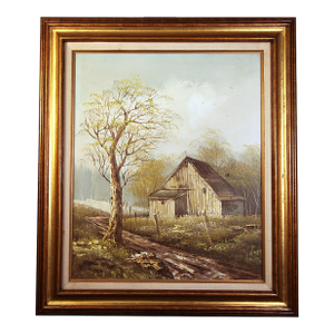 Vintage Original Oil Painting Rustic Barn Landscape, Signed Hopkins, Gilt Frame