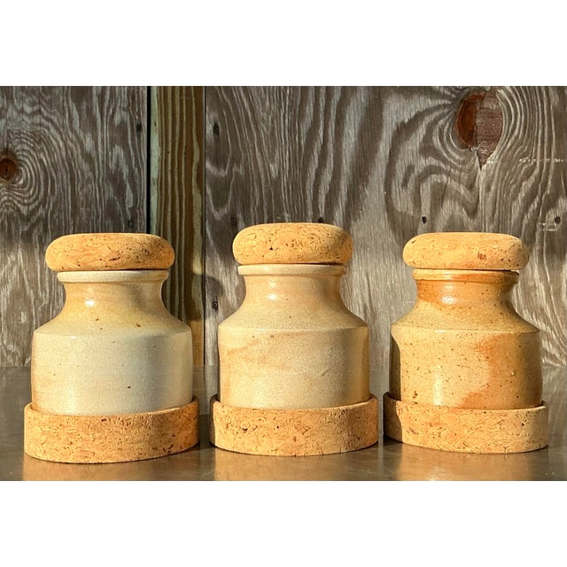 Wood Vintage Boho Studio Pottery Jars With Cork Lid - Set of 3 For Sale - Image 7 of 11