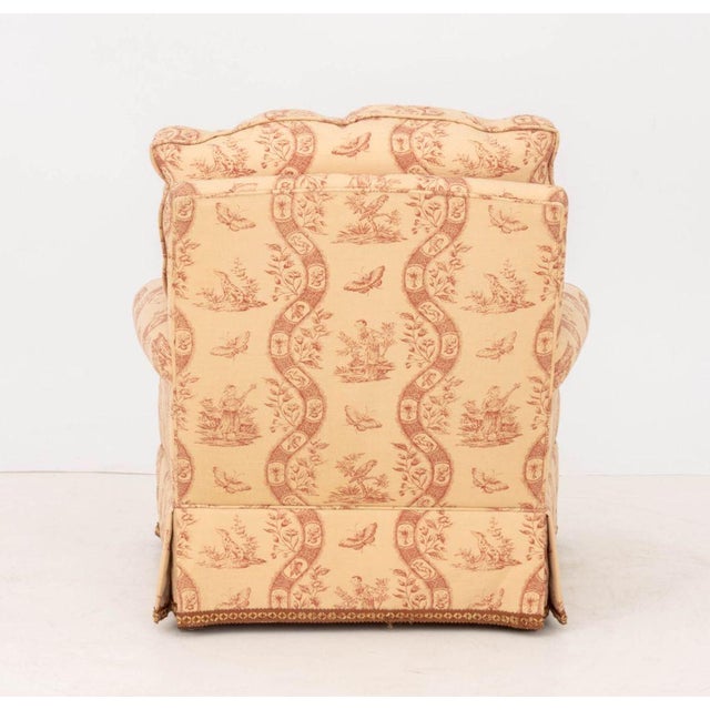 Toile De Jouy Upholstered Club Chair and Ottoman For Sale - Image 11 of 13