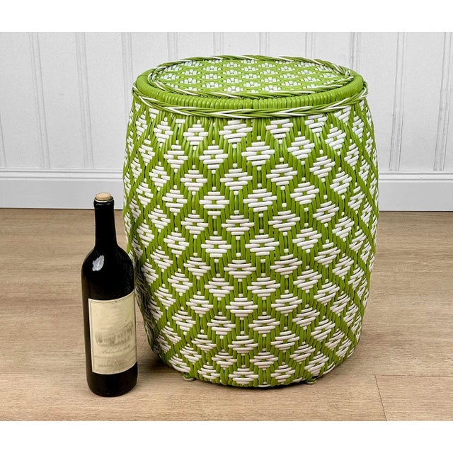 Vintage Boho Green & White Argyle Faux Wicker Garden Stool / Plant Stand, c.1970's - Pairs Nicely with Many Mid-Century &...