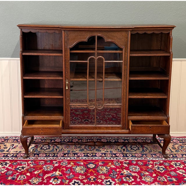 Antique English Bookcase Bookshelf Cabinet Glass Oak Queen Anne Legs 1920s-30s For Sale - Image 10 of 18