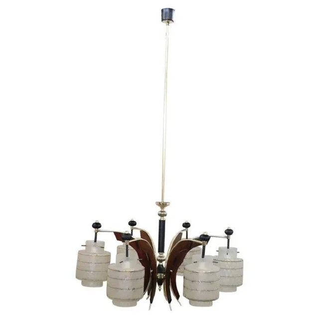 Mid-Century Italian Glass Bowls, Wood, Brass and Black Lacquered Metal Chandelier, 1950s For Sale - Image 12 of 12
