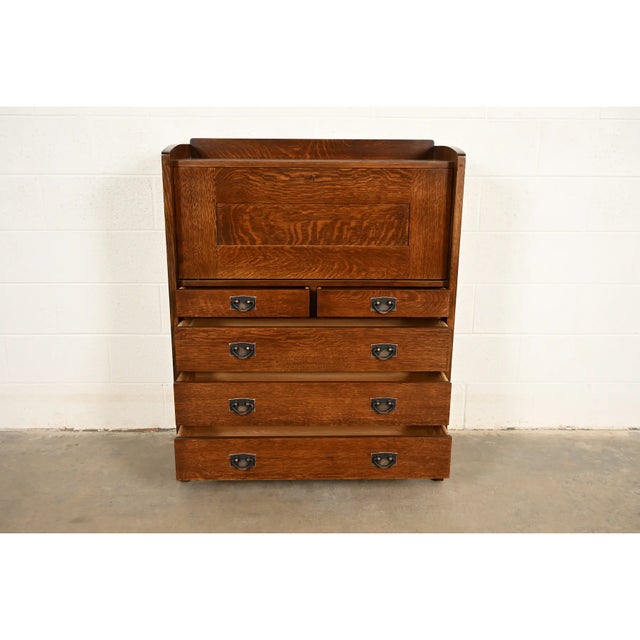 L. & J. G. Stickley Mission Oak Arts & Crafts Drop Front Secretary Desk For Sale In South Bend - Image 6 of 15