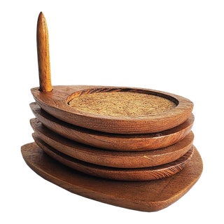 1960s Japanese Hardwood Coaster Set, 5 Pieces For Sale