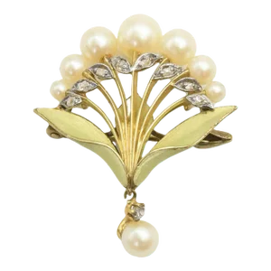 Art Nouveau Floral Enamel Pearl and Diamond 18k Gold Brooch Pendant