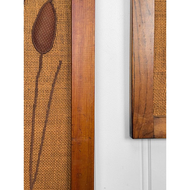 Mid-Century Embroidered Burlap Cattail Framed Wall Art - A Pair For Sale - Image 11 of 11