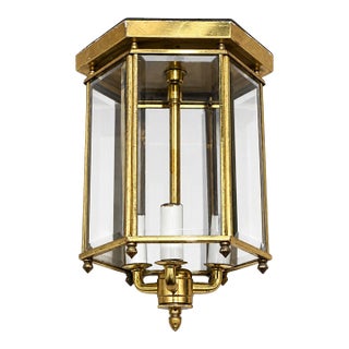 Late 20th Century Traditional Brass and Glass 3-Light Entryway Hall Light Fixture Flush Mount For Sale