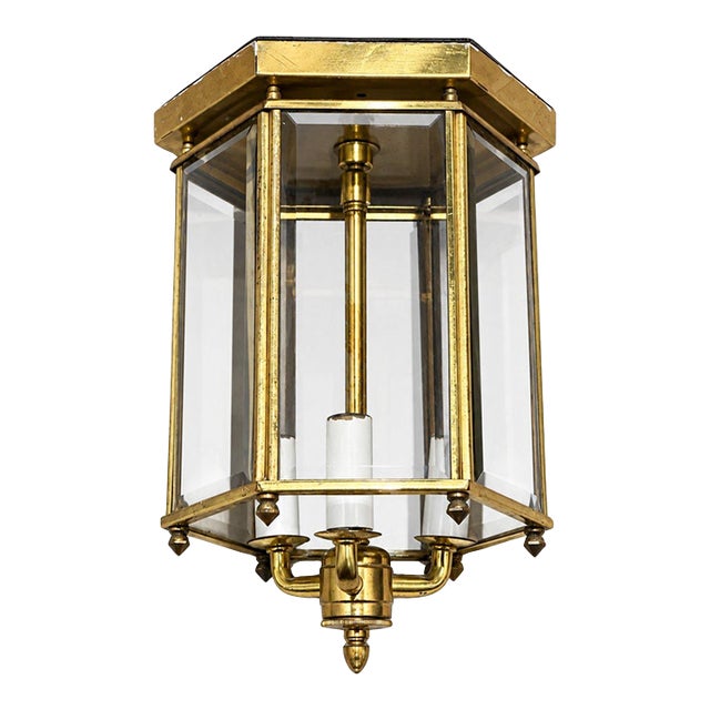 Late 20th Century Traditional Brass and Glass 3-Light Entryway Hall Light Fixture Flush Mount For Sale