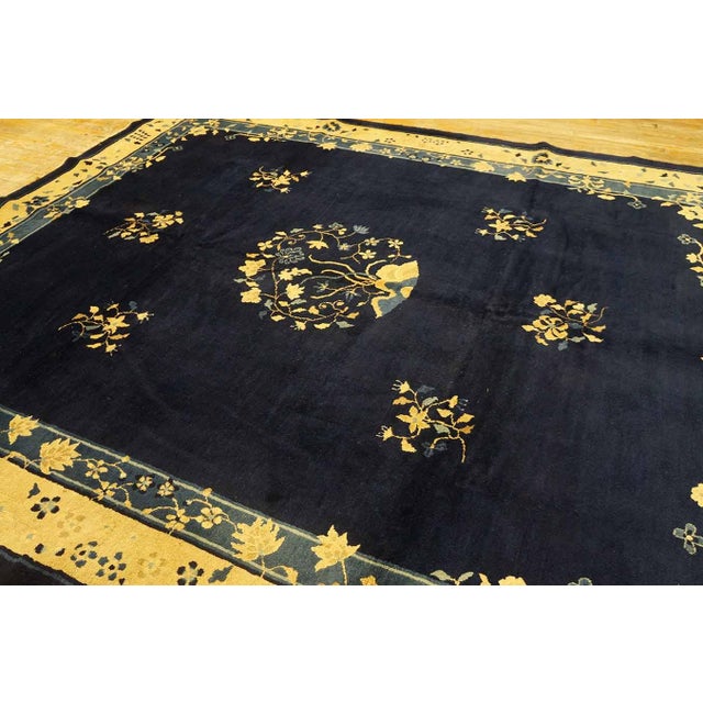 Navy Blue Antique 1900s Navy Chinese Peking Carpet 8'4" X 9'10" Floral Design Handmade Rug For Sale - Image 8 of 9
